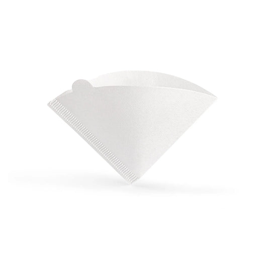MHW-3BOMBER white cone coffee paper filter for 1-4 cup drippers. Single-use and made from natural wood pulp.