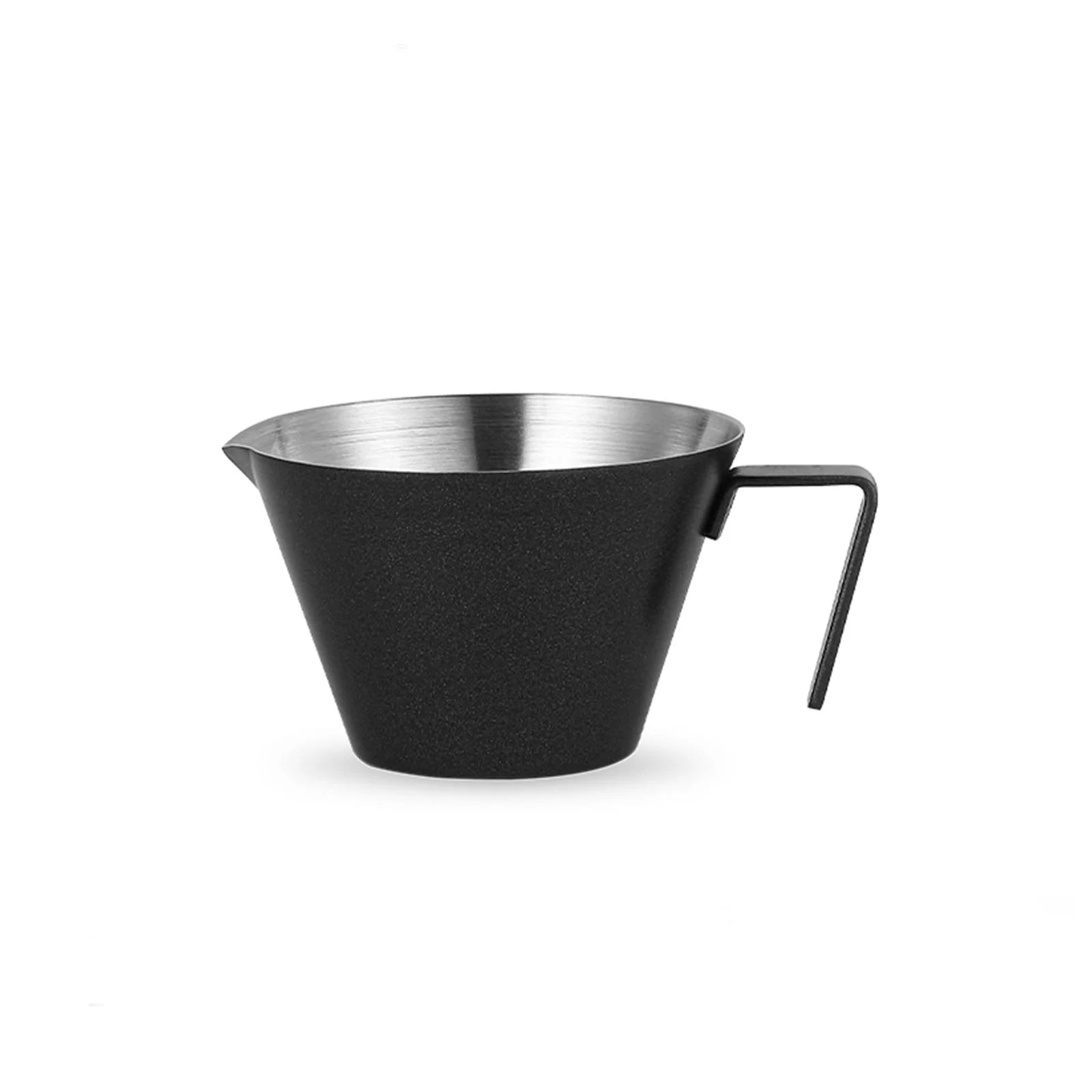 The MHW-3BOMBER Stainless Steel Measuring Cup, in sleek black and stainless steel, boasts a minimalist design ideal for coffee brewing. It includes a side handle and spout for easy pouring against a plain white background.