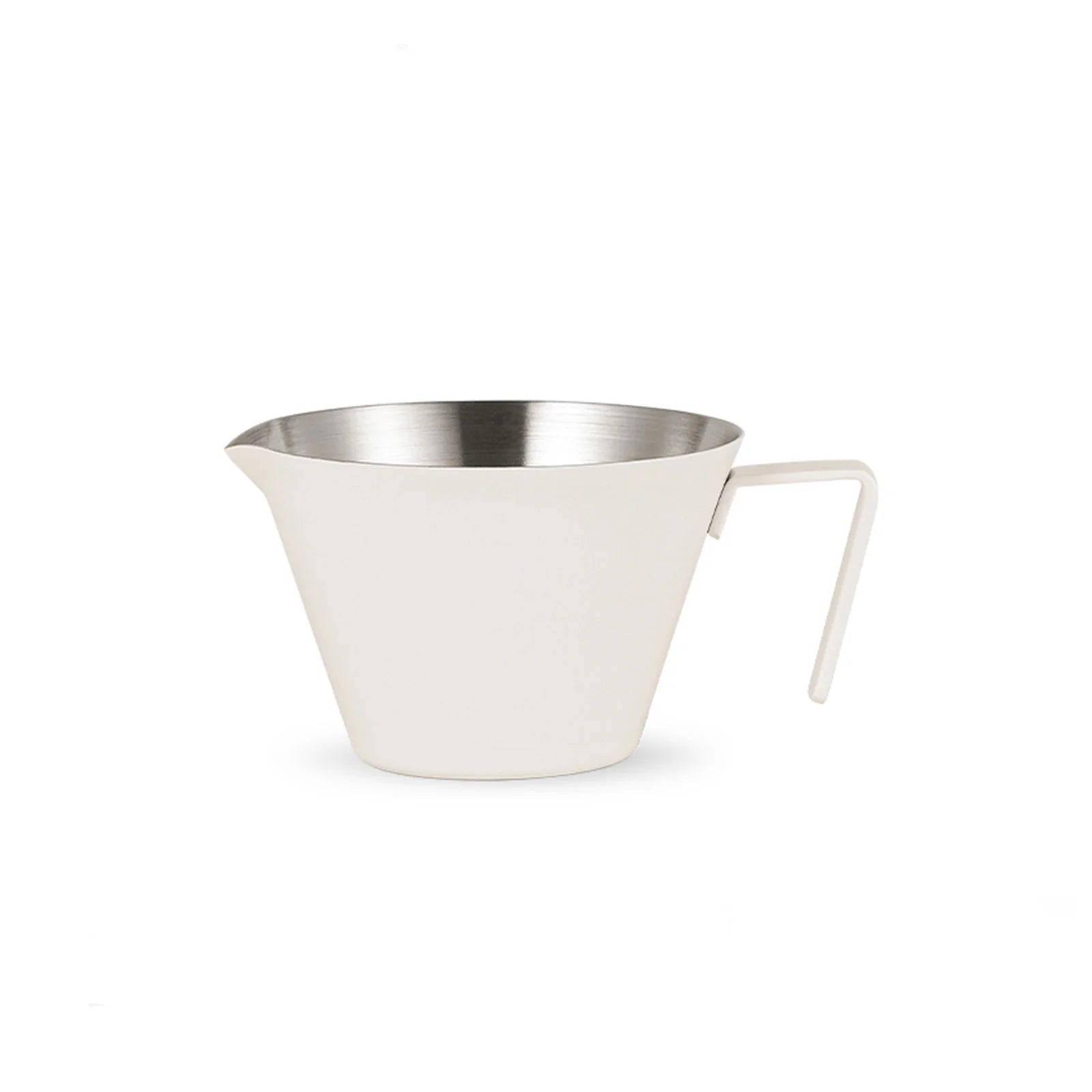 The MHW-3BOMBER Stainless Steel Measuring Cup, by MHW-3BOMBER, features a sleek modern design with a wide stainless steel rim and geometric handle. Ideal for contemporary kitchens, it has a subtly integrated spout that enhances its stylish aesthetic, perfect for coffee brewing.