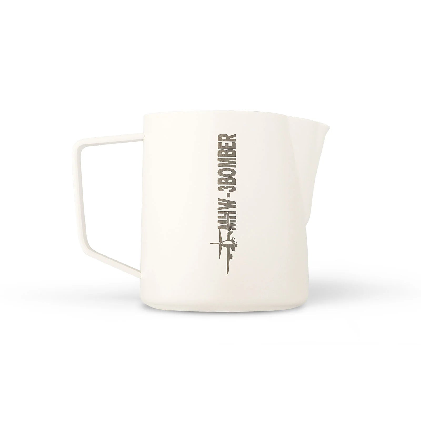 The MHW-3BOMBER Latte Art Pitcher 5.0 White features a simple handle, crocodile spout, and a graphic of an airplane with B-3 BOMBER in dark gray on its plain white surface.
