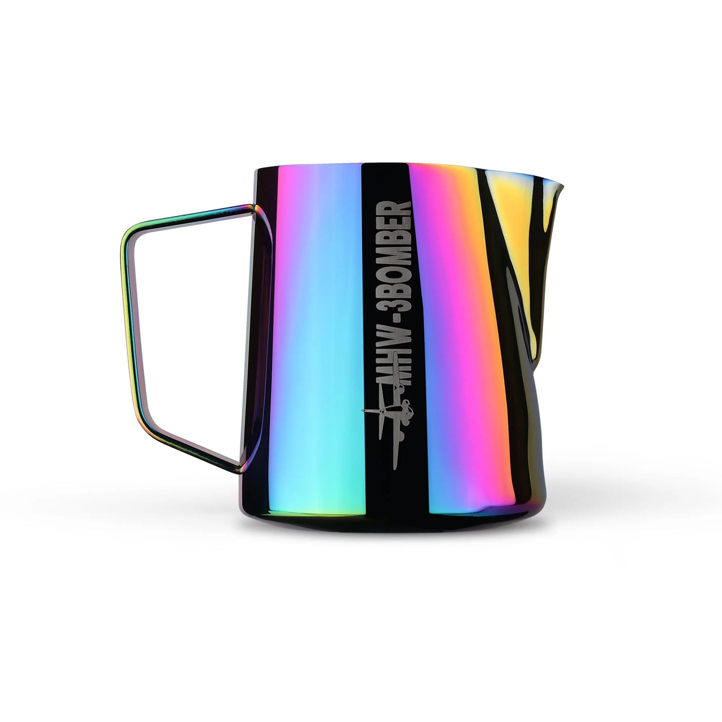 The MHW-3BOMBER Latte Art Pitcher 5.0 Colorful is a shiny, reflective milk foamer cup with a colorful, iridescent finish, featuring a square handle and an engraved graphic of a small bomber plane alongside the words MHW-3BOMBER on its stainless steel side.