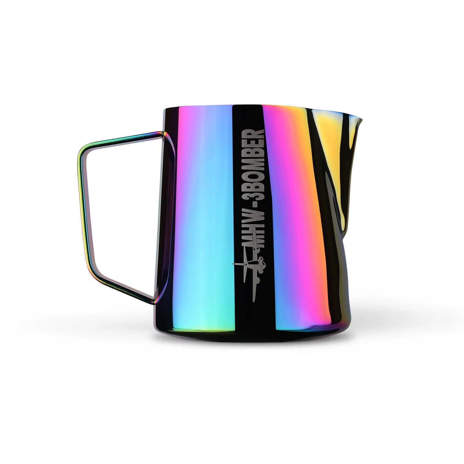 The MHW-3BOMBER Latte Art Pitcher 5.0 Colorful is a shiny, reflective milk foamer cup with a colorful, iridescent finish, featuring a square handle and an engraved graphic of a small bomber plane alongside the words MHW-3BOMBER on its stainless steel side.