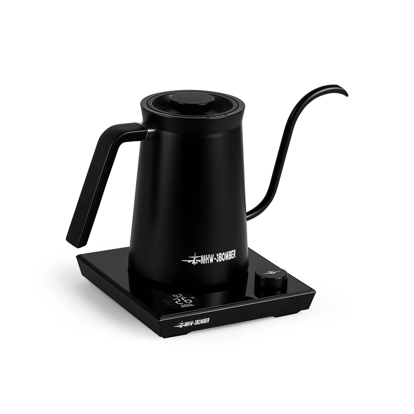 MHW-3BOMBER Assassin gooseneck electric kettle in black. Precise pour spout, temp control. 600ml capacity.
