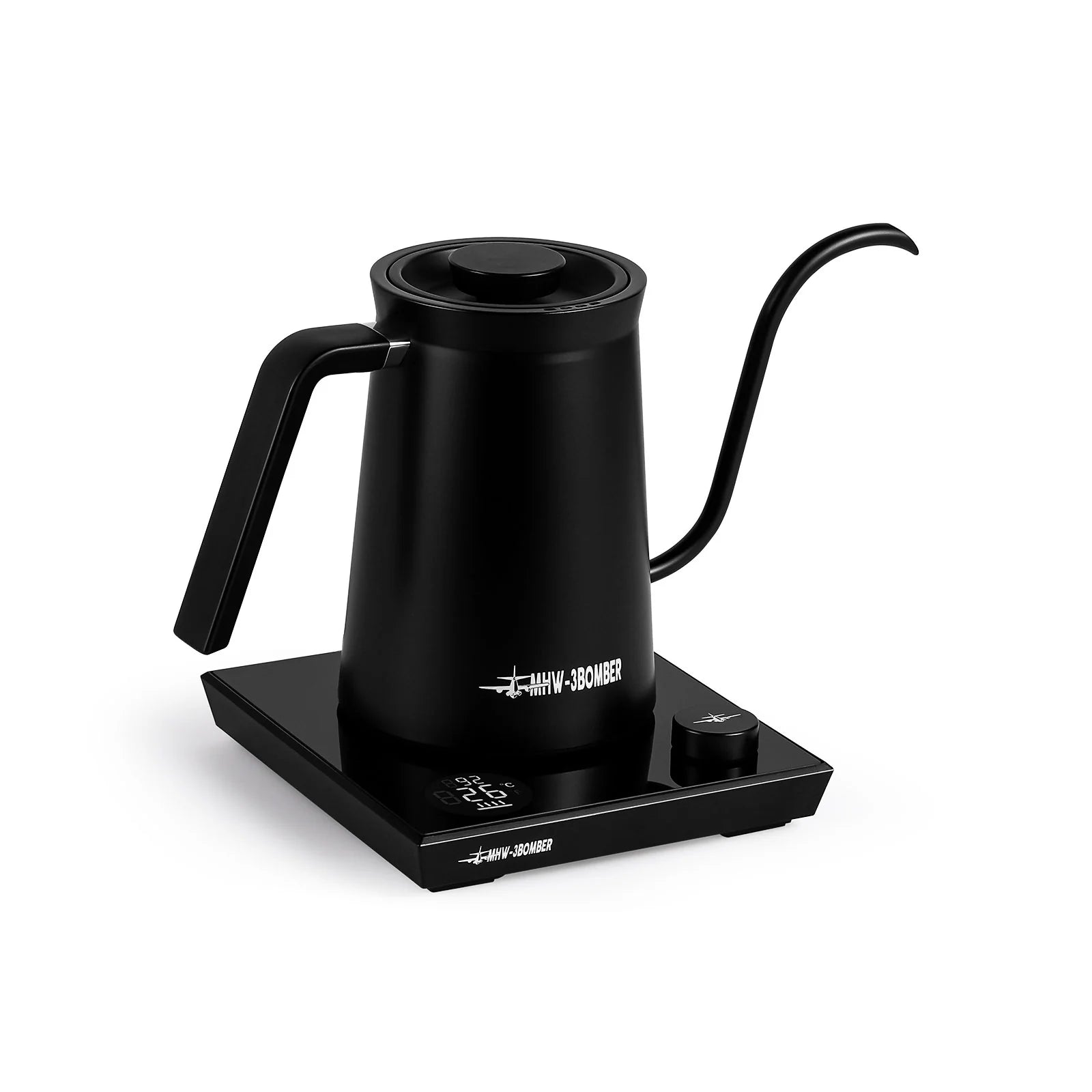 MHW-3BOMBER Assassin gooseneck electric kettle in black. Precise pour spout, temp control. 600ml capacity.