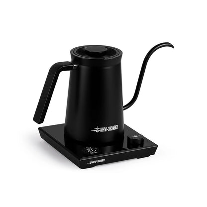 MHW-3BOMBER Assassin gooseneck electric kettle in black. Precise pour spout, temp control. 600ml capacity.