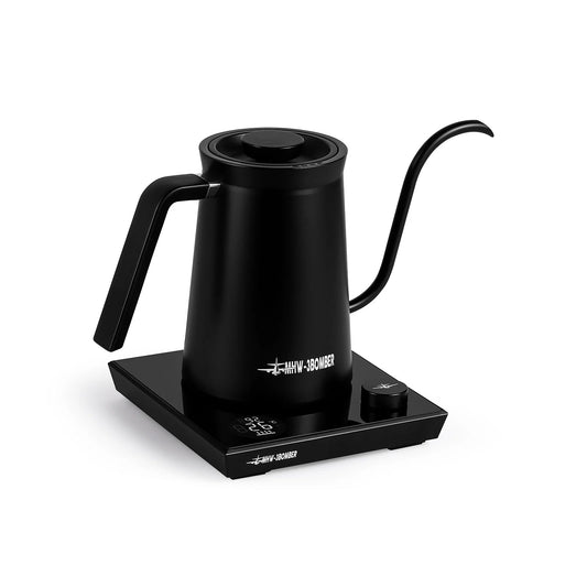 MHW-3BOMBER Assassin gooseneck electric kettle in black. Precise pour spout, temp control. 600ml capacity.
