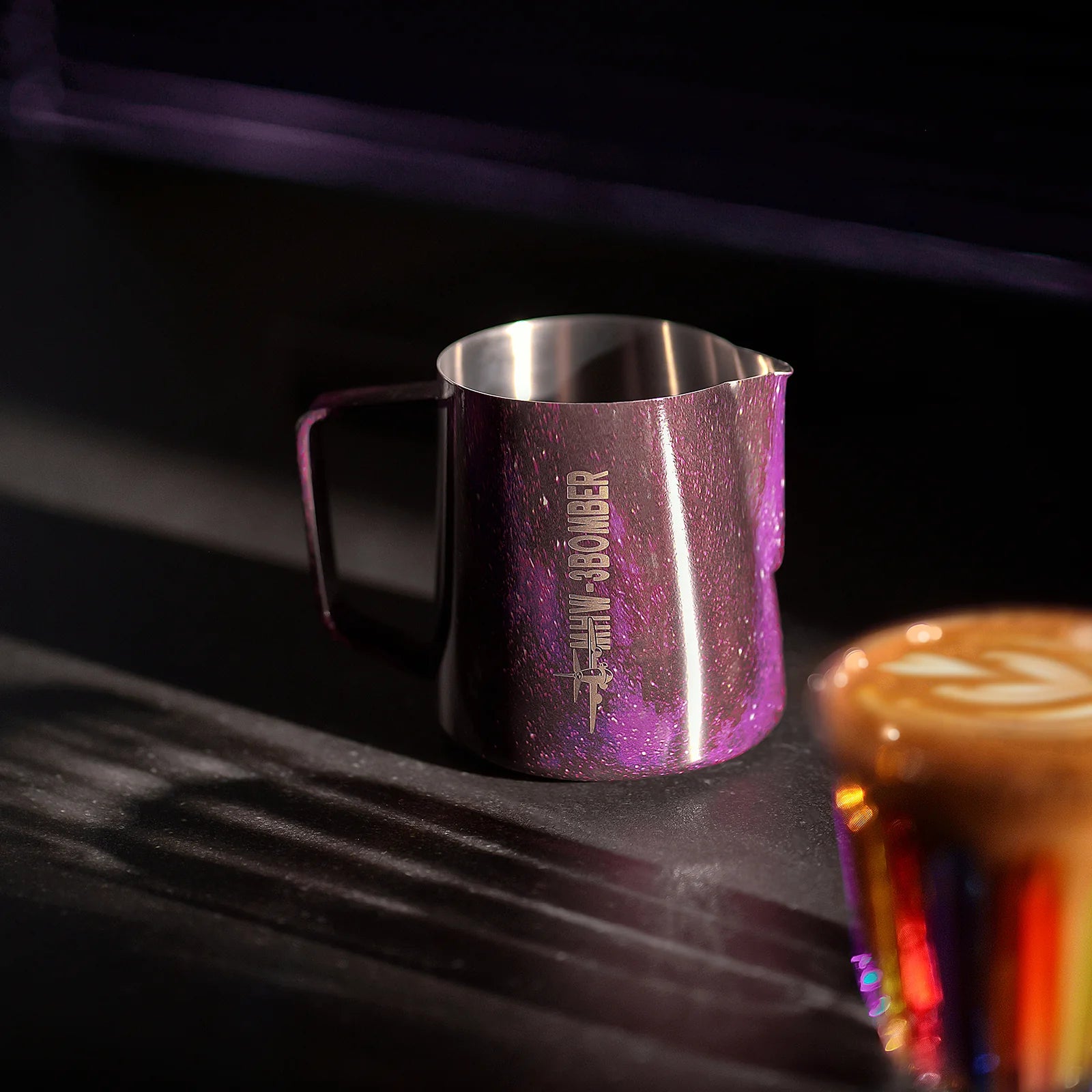 MHW-3BOMBER purple latte art pitcher with crocodile spout, designed for easy milk frothing. ProductImage ID 62662750142623