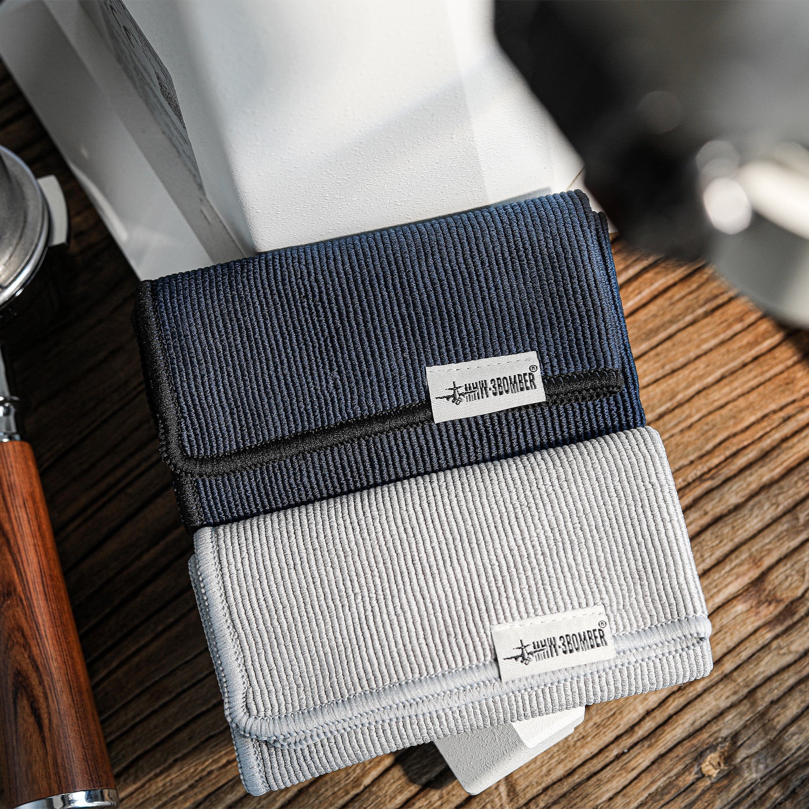 MHW-3BOMBER Barista Towels: Blue and gray textured cloths with logo. Coffee bar accessory.