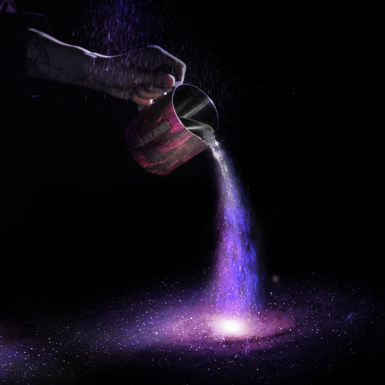 MHW-3BOMBER Purple Latte Art Pitcher with galaxy design being poured. ProductImage ID 62662750437535