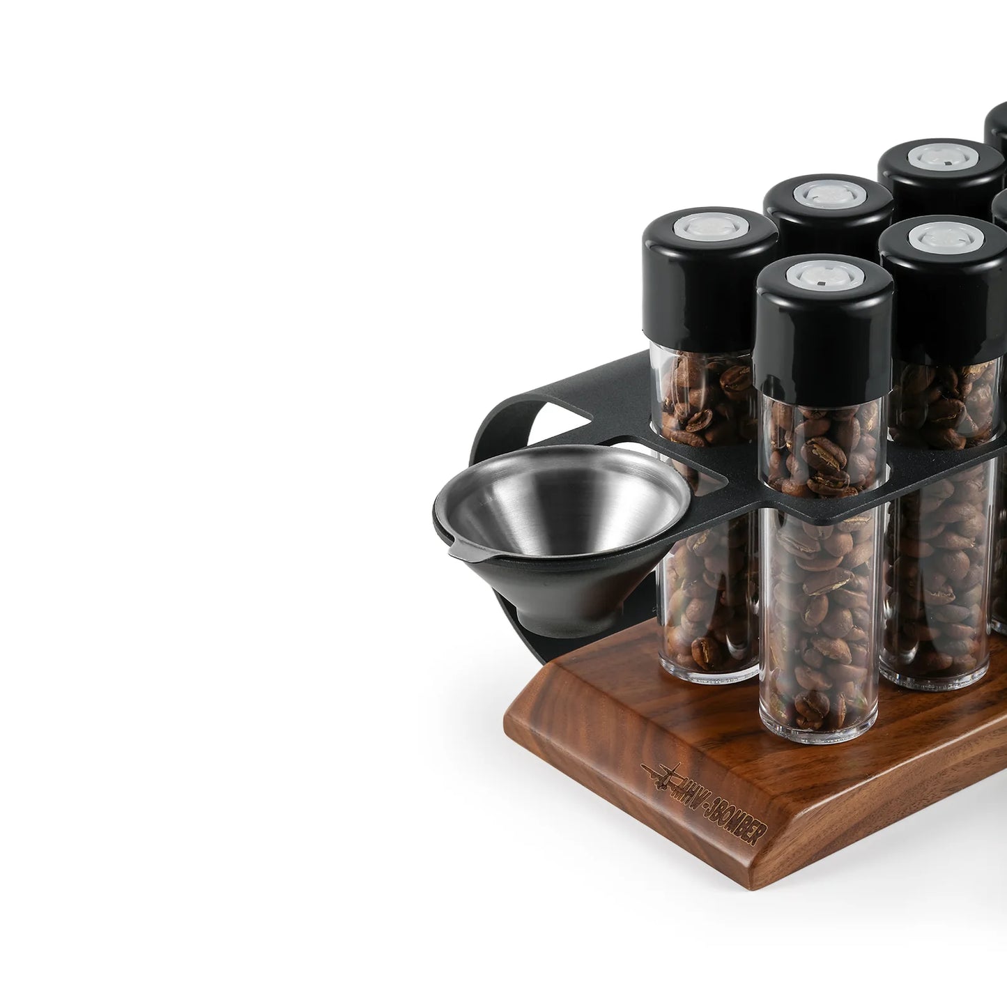 MHW-3BOMBER coffee energy tubes set. Glass tubes with black lids in wooden base with funnel. 