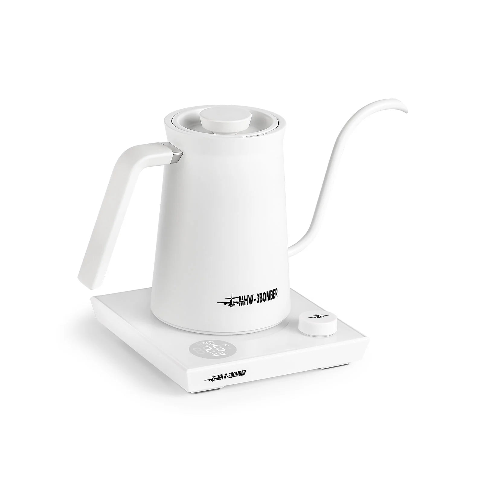 MHW-3BOMBER white gooseneck kettle. Electric kettle with a long spout for pour-over coffee and adjustable temperature.