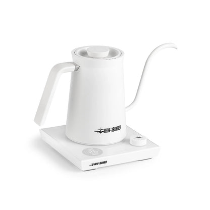 MHW-3BOMBER white gooseneck kettle. Electric kettle with a long spout for pour-over coffee and adjustable temperature.