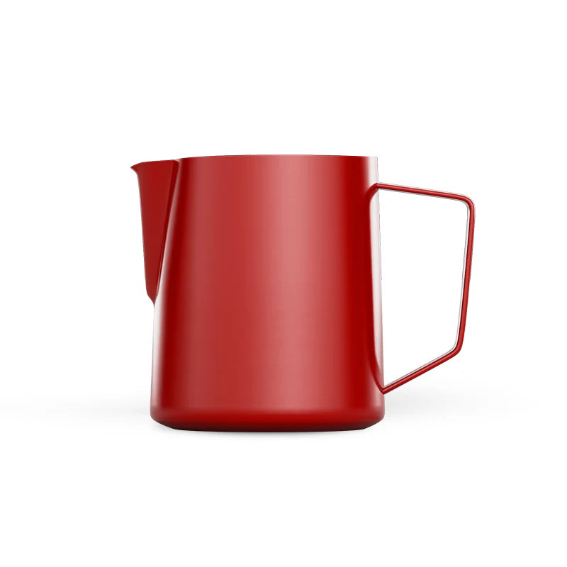 MHW-3BOMBER Red Latte Art Pitcher with unique spout and ergonomic handle. Perfect for frothing milk. 