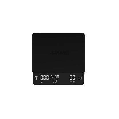 MHW-3BOMBER black Cube Coffee Scale 3.0 Pro Max with digital display showing timer and weight. 