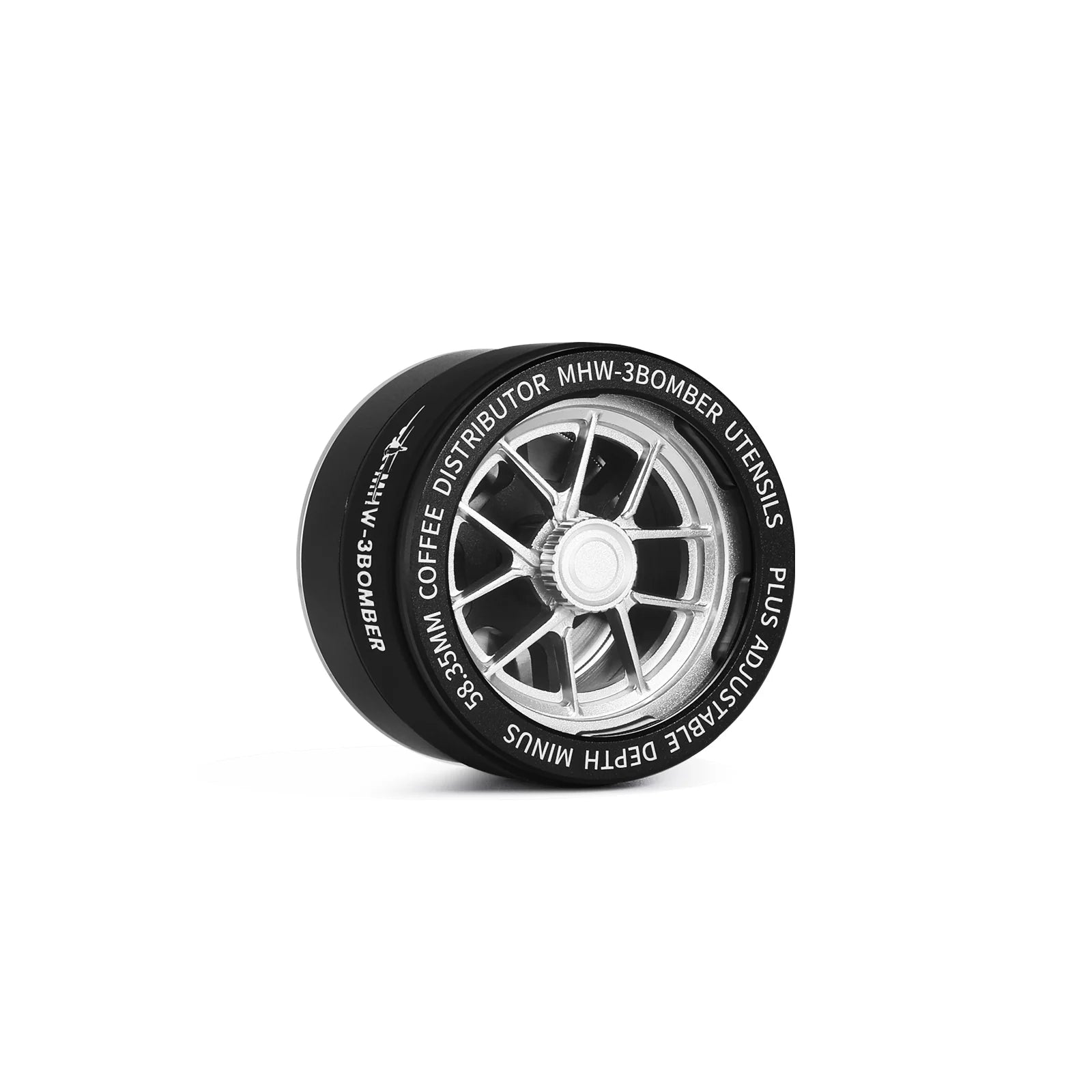 MHW-3BOMBER coffee distributor with adjustable depth. Black with silver accents. Inspired by a racing wheel hub.
