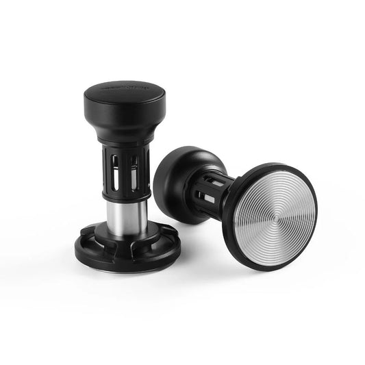 MHW-3BOMBER YU Series 58mm espresso tamper. Black with a stainless steel base with a concentric circle design.