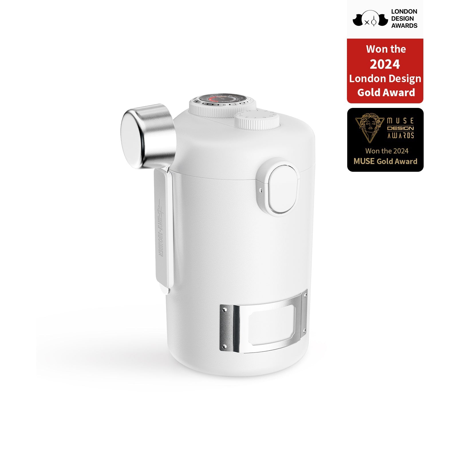 MHW-3BOMBER white coffee canister with metal accents and date recording. Won 2024 London Design & MUSE Gold Awards.