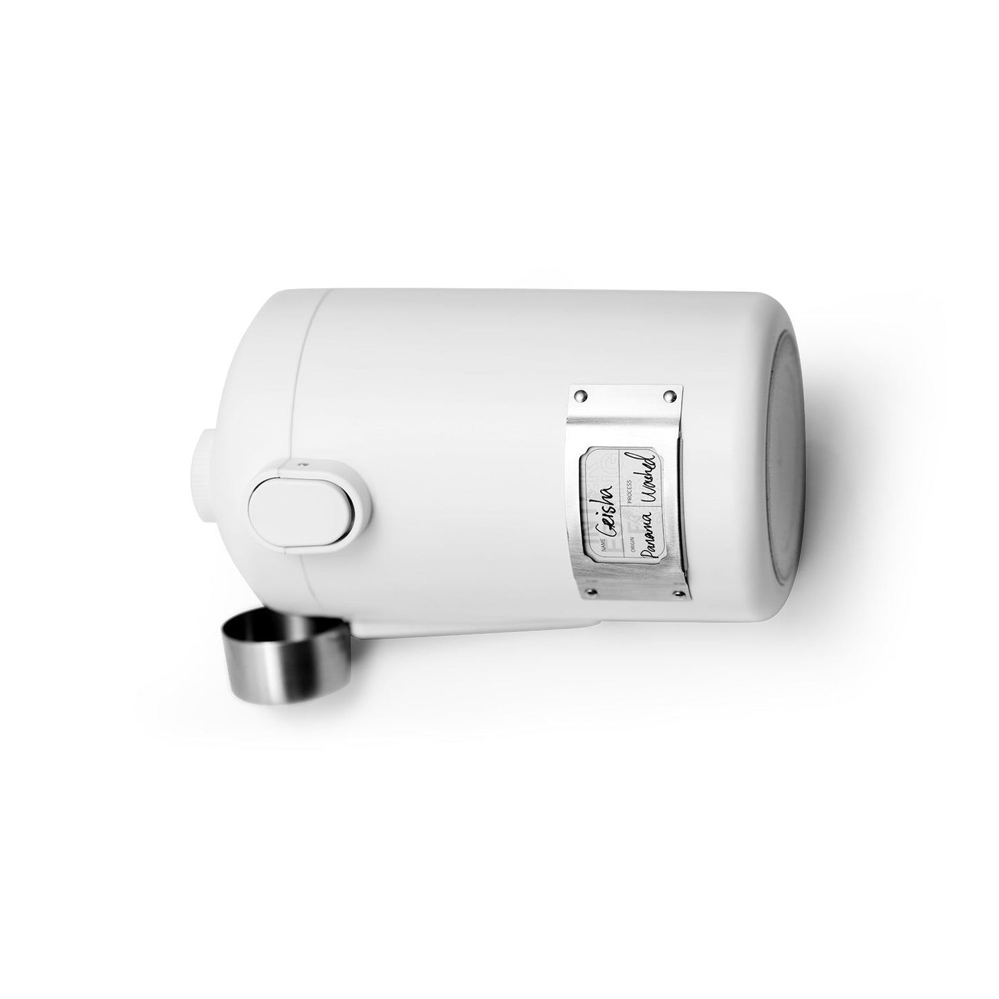 MHW-3BOMBER white coffee canister with metal label & measuring spoon. Sealed for freshness. 