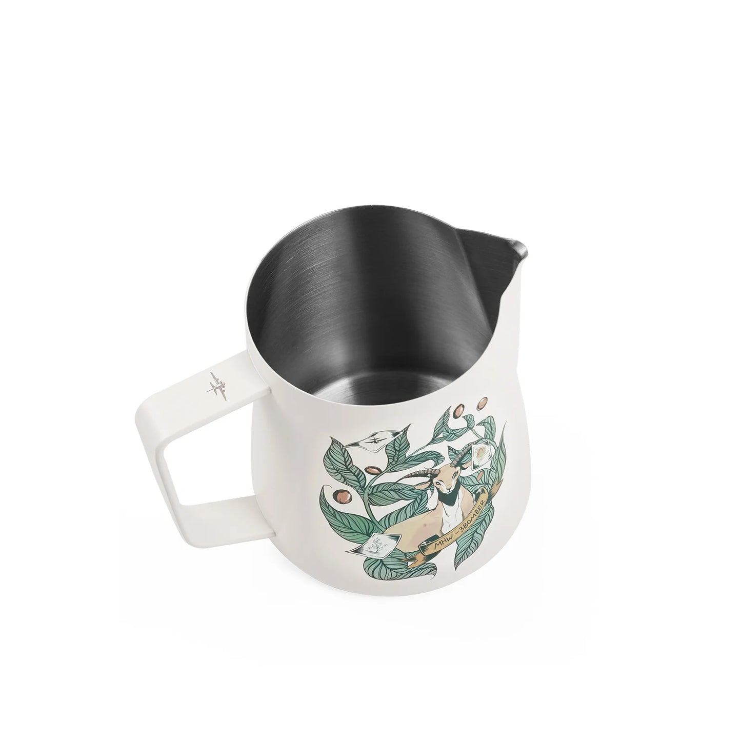 MHW-3BOMBER milk pitcher, 6th Anniversary Edition. White, stainless steel interior, Shepherds Legend design.