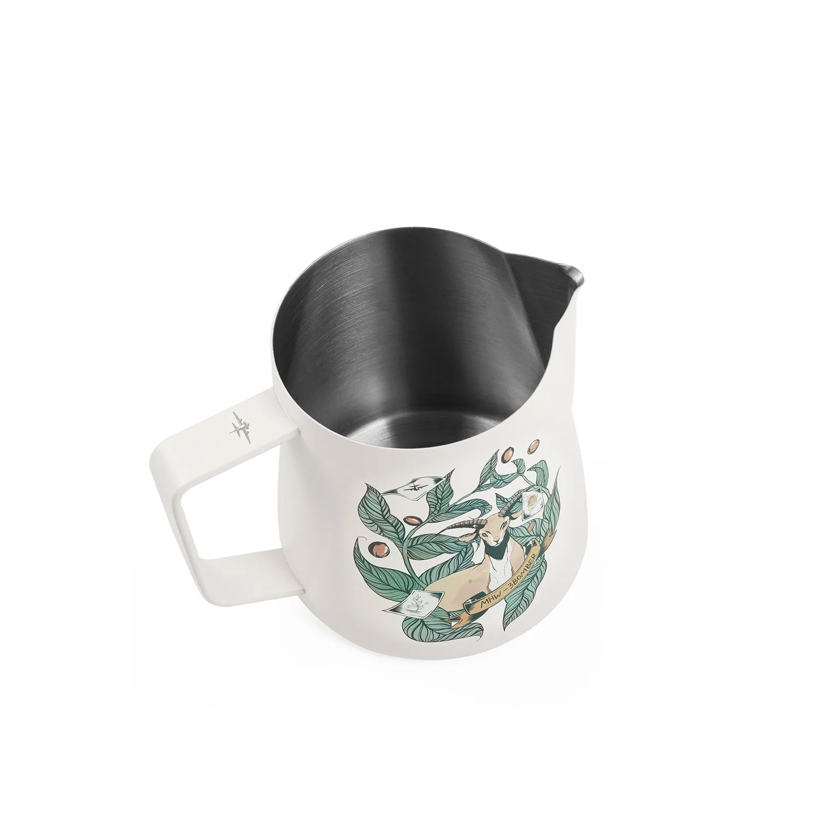 MHW-3BOMBER milk pitcher, 6th Anniversary Edition. White, stainless steel interior, Shepherds Legend design.