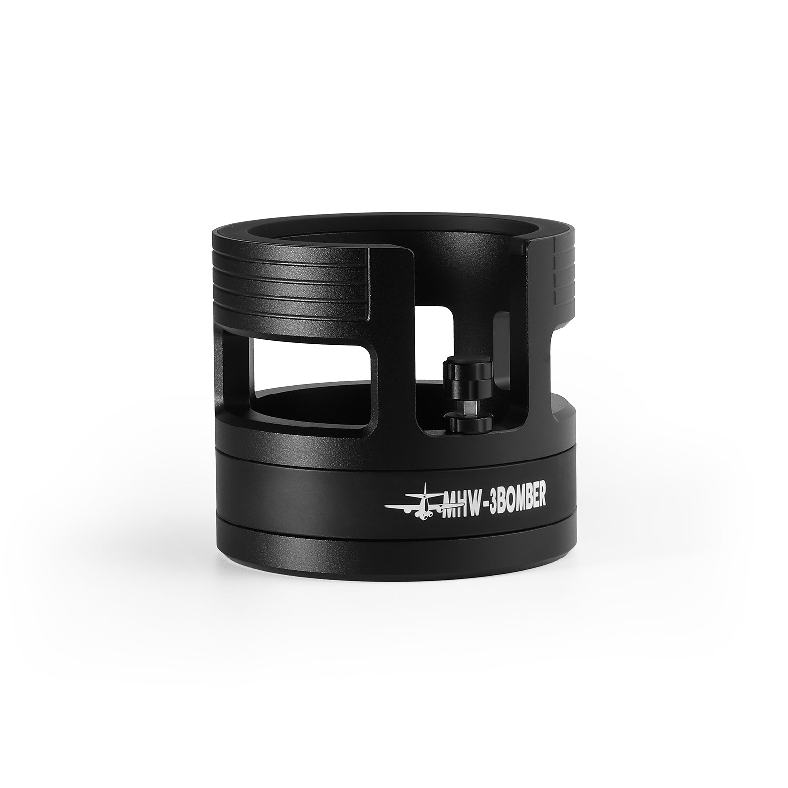 MHW-3BOMBER YU Series black portafilter holder. Adjustable height, silicone pad design. Espresso tamping station.