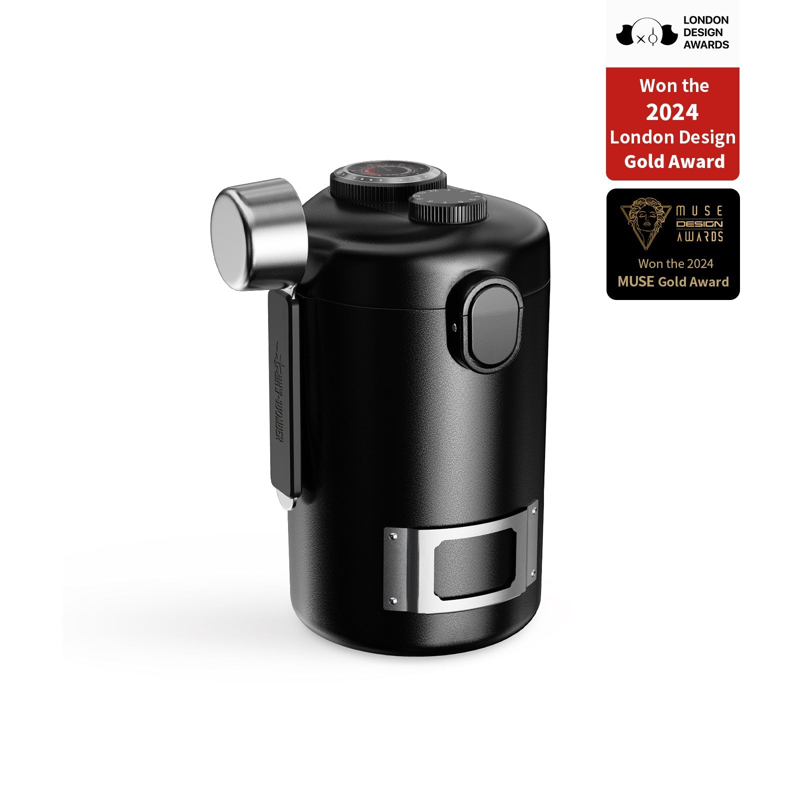 MHW-3BOMBER Gambo Sealed Canister. Black coffee bean storage with magnetic spoon, date recording. Award winning design.