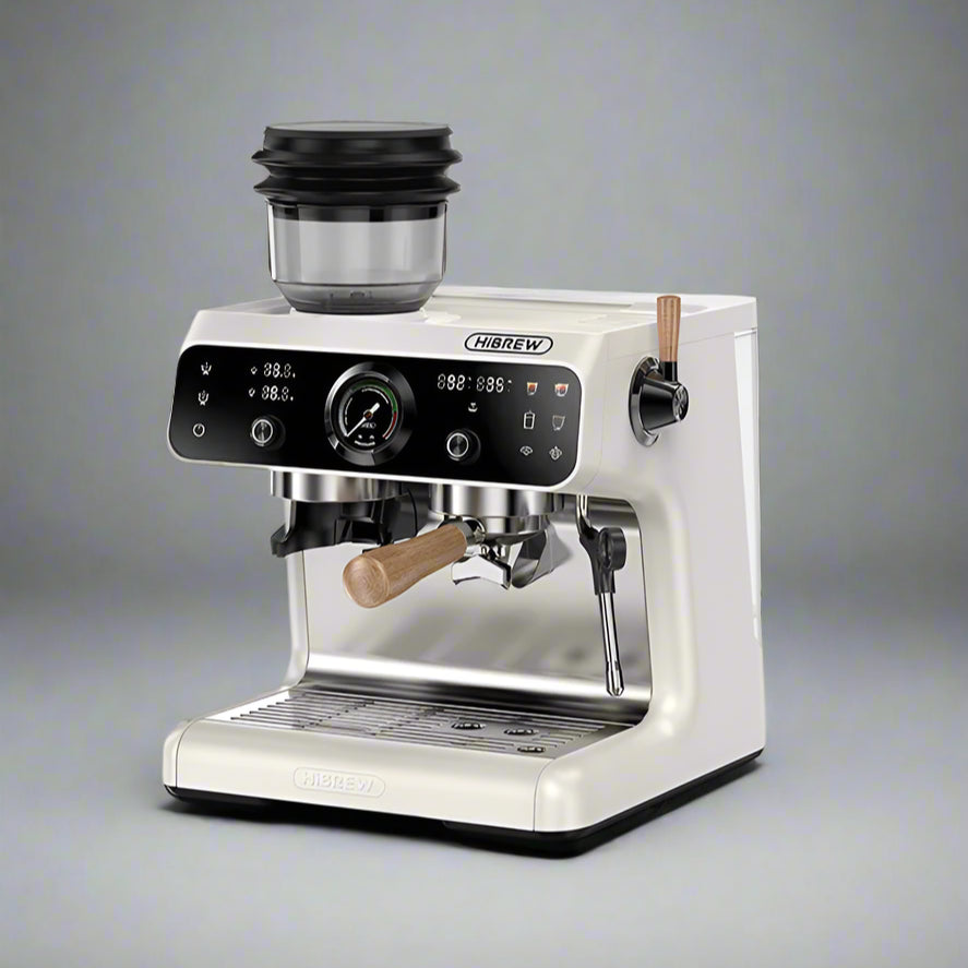 HiBREW H7B espresso machine with grinder. Cream color with wooden accents. Compact design. 