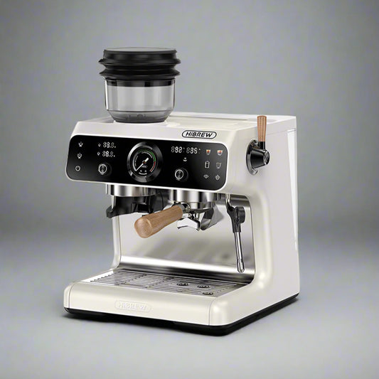 HiBREW H7B espresso machine with grinder. Cream color with wooden accents. Compact design. 