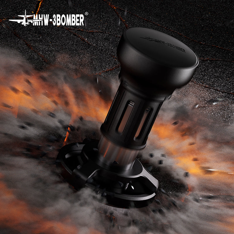 MHW-3BOMBER 58mm espresso tamper. Black. Shows the tampers unique design and build. Professional barista tool.