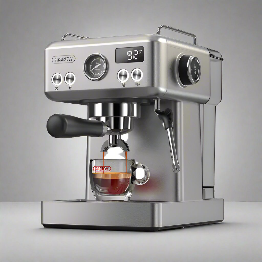 The HiBREW H10A Espresso Coffee Machine, featuring stainless steel and a digital temperature display, brews café-quality coffee into a clear cup. Ideal for aspiring baristas, it includes a right-mounted steam wand, all set against a neutral gray background.