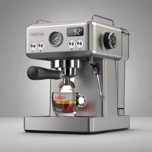 The HiBREW H10A Espresso Coffee Machine, featuring stainless steel and a digital temperature display, brews café-quality coffee into a clear cup. Ideal for aspiring baristas, it includes a right-mounted steam wand, all set against a neutral gray background.