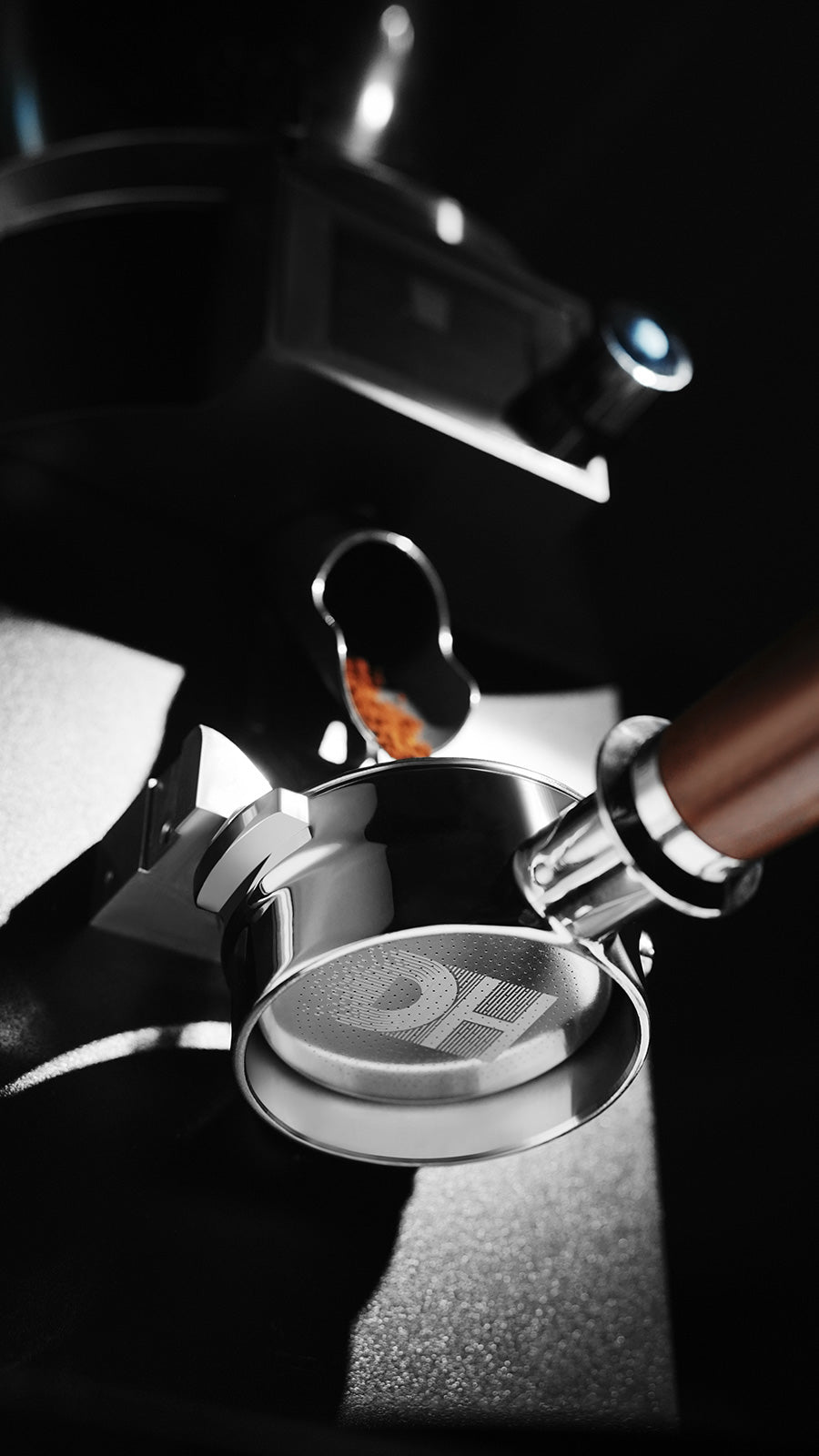 MHW-3BOMBER 58mm DH filter basket. Silver metal with logo. Designed for medium-dark/dark roast coffee.