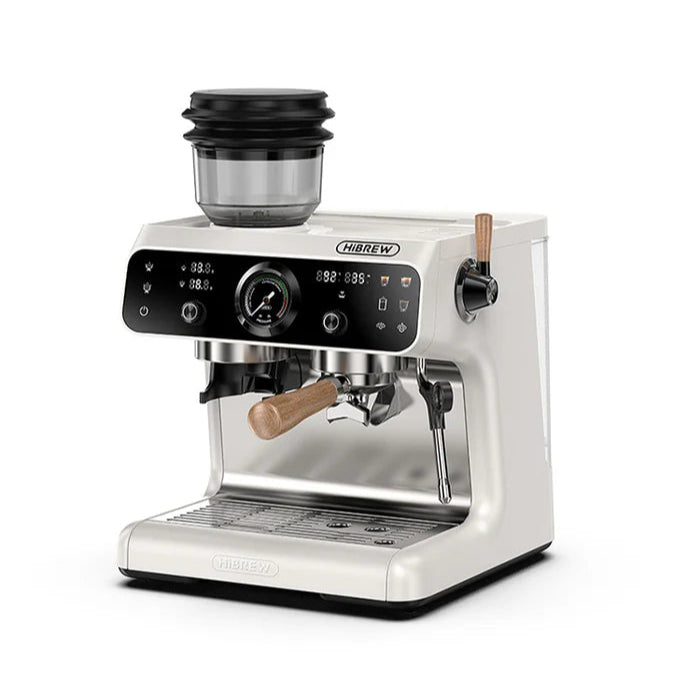 HiBREW H7B espresso machine with grinder, white finish, wooden accents. A modern coffee maker.
