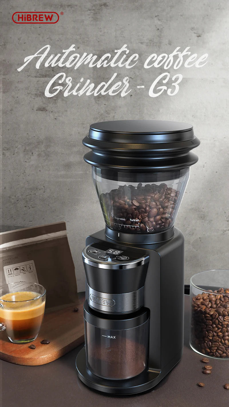 Image of the Fix Coffee HiBREW G3 40mm Conical Burr Electric Coffee Grinder in sleek black, filled with coffee beans. Beside it, a cup of espresso and a bag of coffee beans rest on a gray surface. The adjustable grind settings are highlighted, and the brand name and model are displayed at the top.