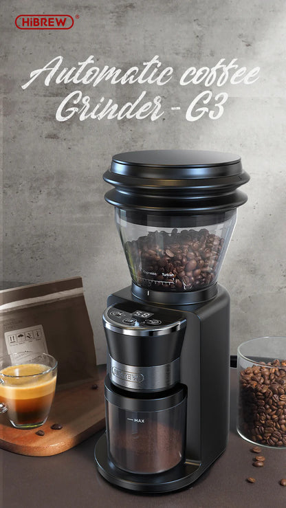 Image of the Fix Coffee HiBREW G3 40mm Conical Burr Electric Coffee Grinder in sleek black, filled with coffee beans. Beside it, a cup of espresso and a bag of coffee beans rest on a gray surface. The adjustable grind settings are highlighted, and the brand name and model are displayed at the top.