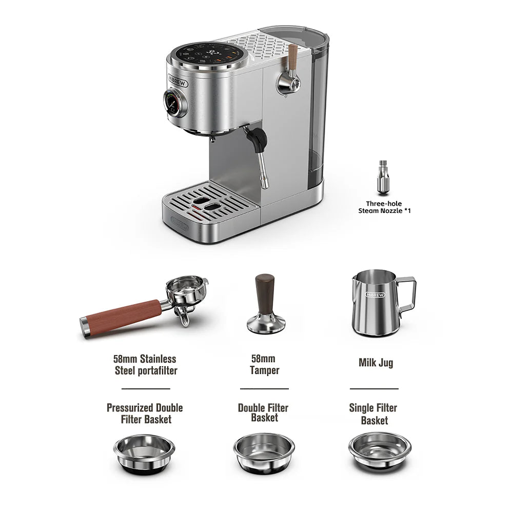 HiBREW H13 espresso machine with portafilter, tamper, milk jug and filter baskets. Silver finish.