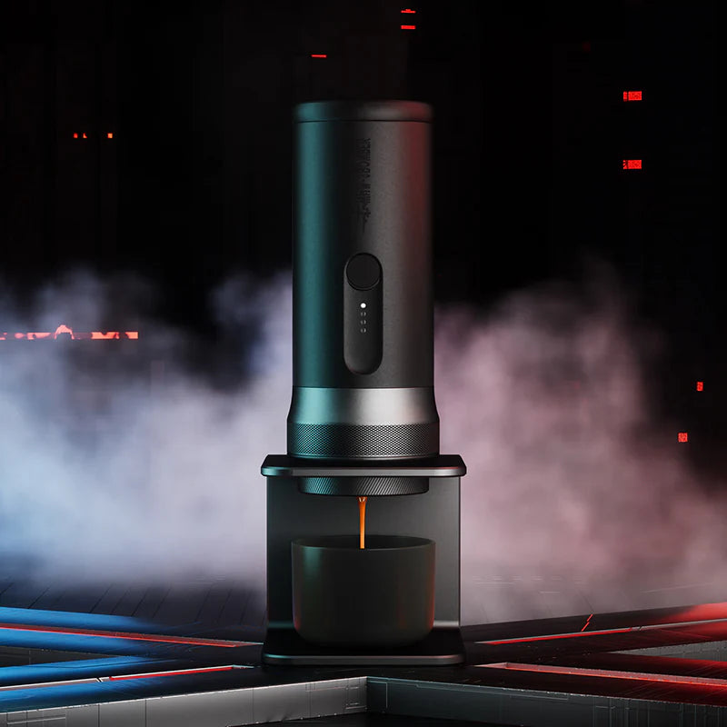 Coffee maker dispensing coffee with a dark, smoky background