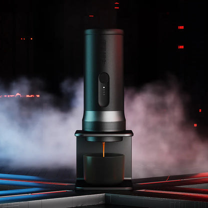 Coffee maker dispensing coffee with a dark, smoky background