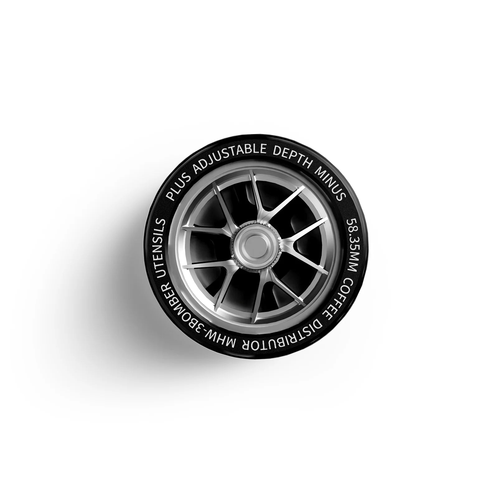 MHW-3BOMBER 58.35mm coffee distributor. Silver, adjustable depth. Racing wheel hub design. 