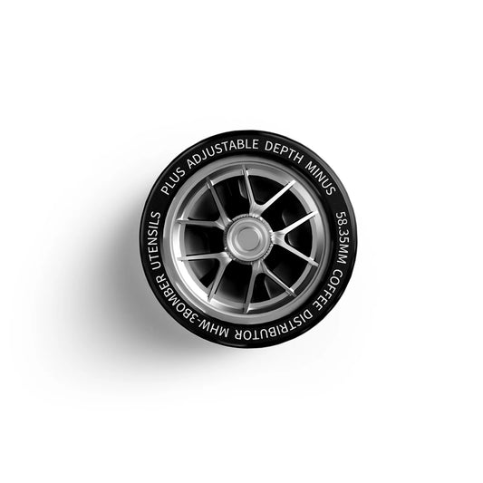 MHW-3BOMBER 58.35mm coffee distributor. Silver, adjustable depth. Racing wheel hub design. 