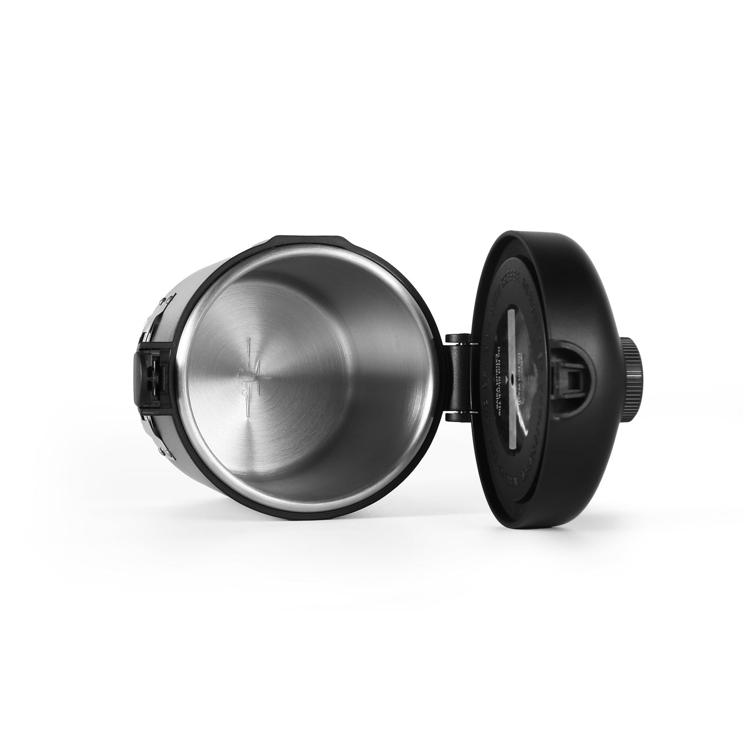 MHW-3BOMBER Coffee Canister. Black container, stainless steel interior, open lid, showing date dials. 