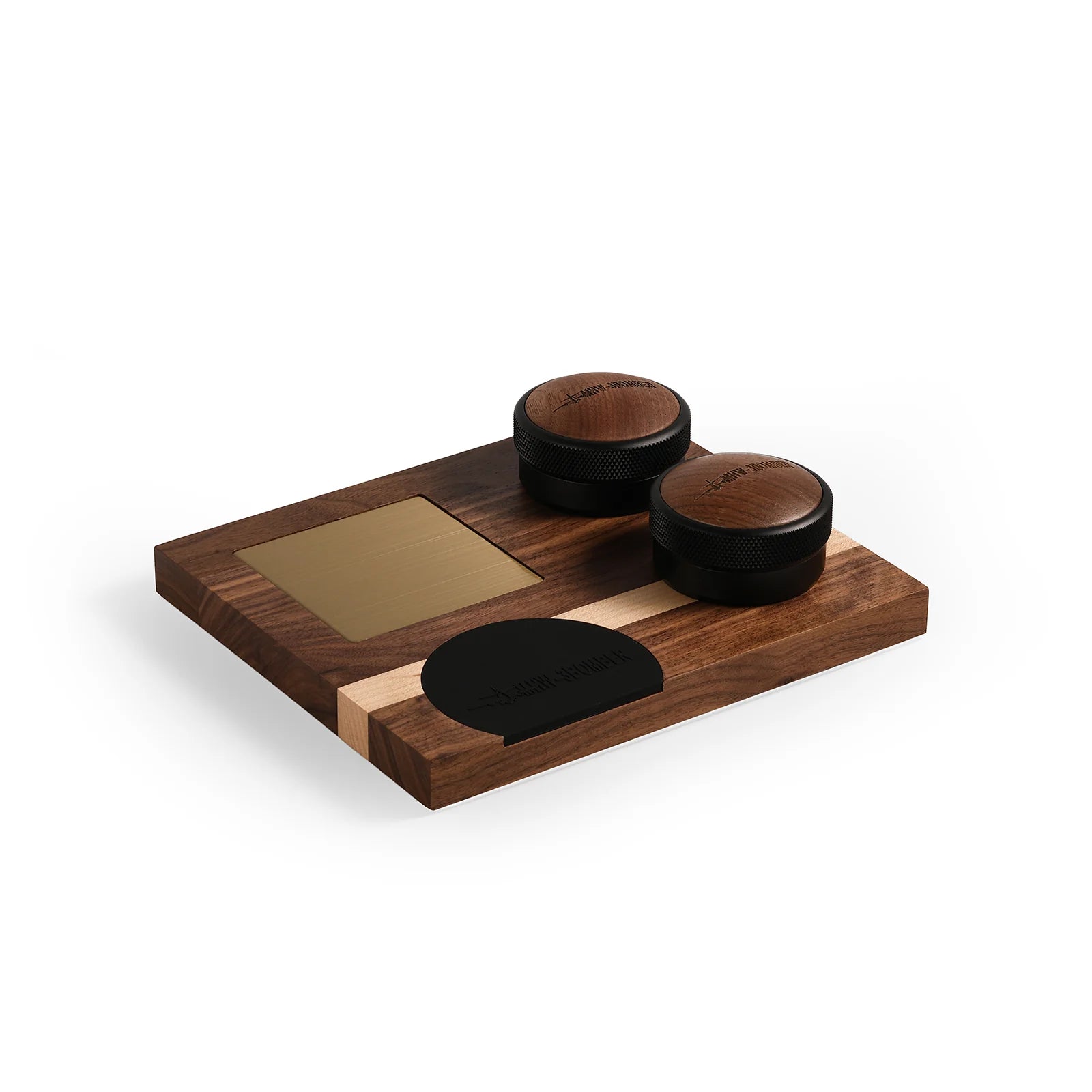 MHW-3BOMBER coffee distributor set with walnut lids on wood stand with brass detail. Espresso tool.