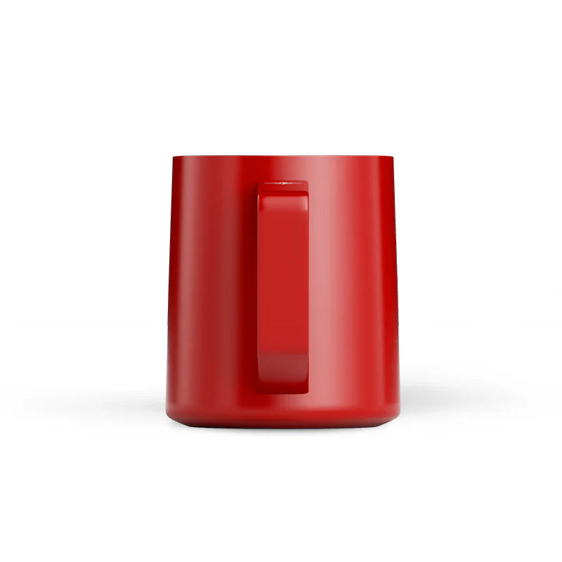 MHW-3BOMBER red latte art pitcher with handle. Stainless steel milk frothing tool.