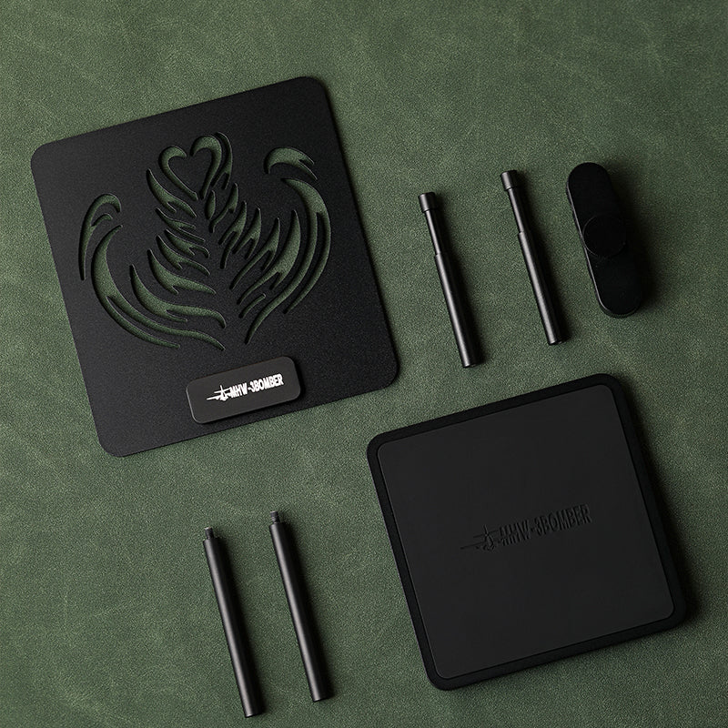 MHW-3BOMBER black coffee scale stand set with stencil, base, and risers. Adjustable height, non-slip, waterproof barista tool.