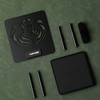MHW-3BOMBER black coffee scale stand set with stencil, base, and risers. Adjustable height, non-slip, waterproof barista tool.