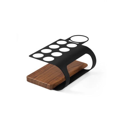 MHW-3BOMBER coffee bean holder with black metal rack and walnut wood base. 8-tube display.