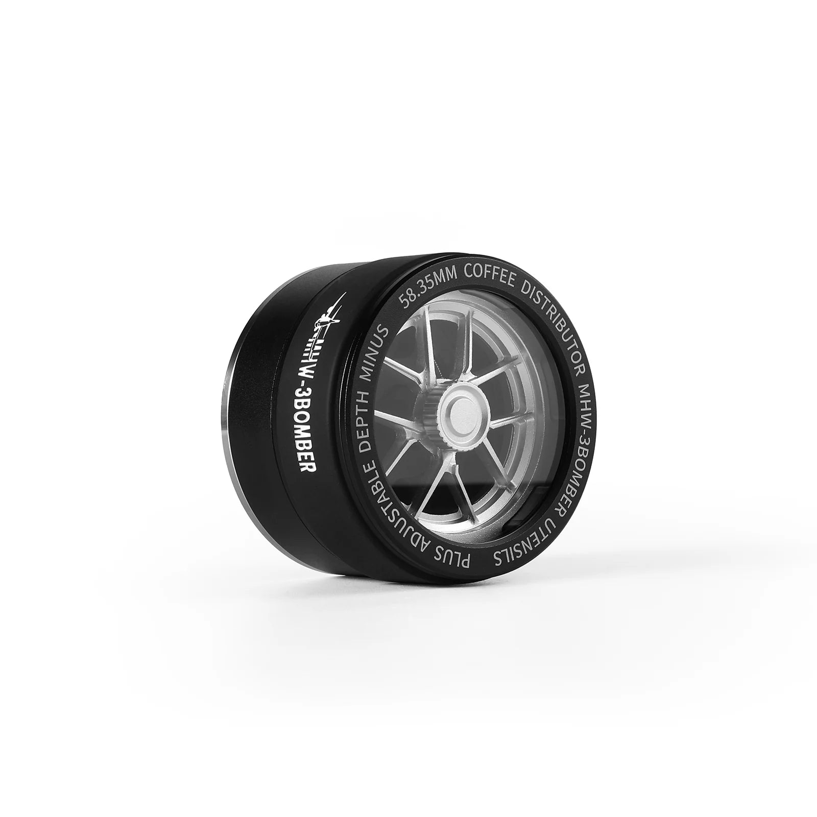 MHW-3BOMBER black coffee distributor, adjustable depth, 58.35mm. Stylish design, ideal for even coffee grounds distribution.
