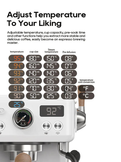 The HiBREW H10 Plus Espresso Coffee Machine offers a customizable coffee experience with its control panel. It features adjustable settings, including temperature (shown at 92°C on a digital display), cup capacity, steam, and pre-infusion, with easy-to-use buttons for operation and unit conversion.