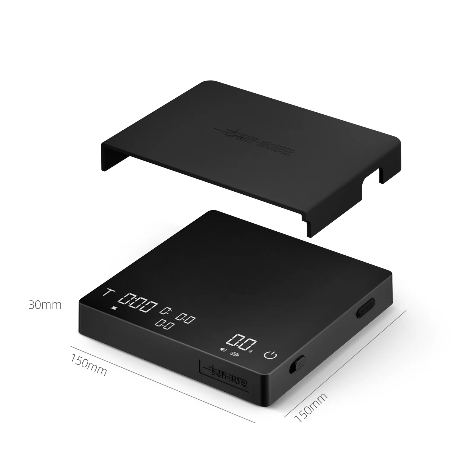 MHW-3BOMBER black Cube Coffee Scale 3.0 Pro Max with cover. Digital display, timer, accurate weighing. 