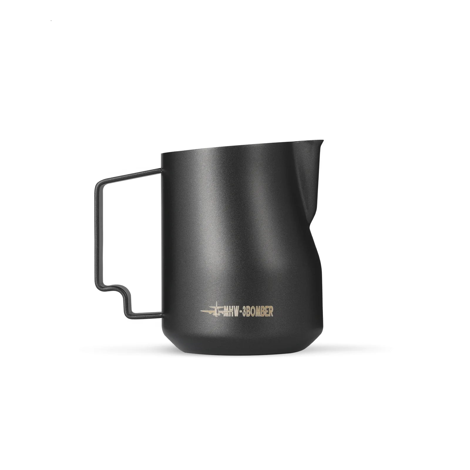 The MHW-3BOMBER Turbo Milk Pitcher Matte Black features a sleek design with a narrow spout and ergonomic handle. MHW-3BOMBER is inscribed in gold near the base. Made from stainless steel, its ideal for professional baristas and latte art enthusiasts.